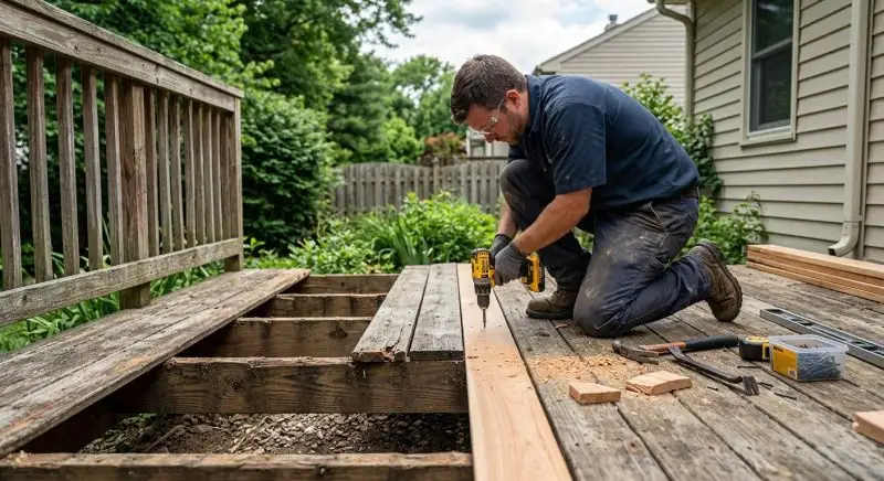 Contractor replacing damaged boards on a residential wood deck