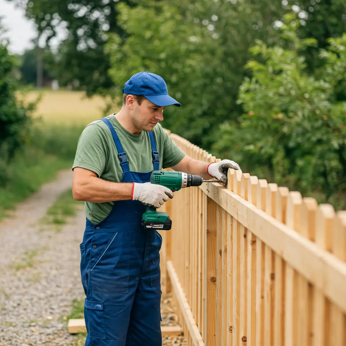 Young contractor installing a new wooden fence