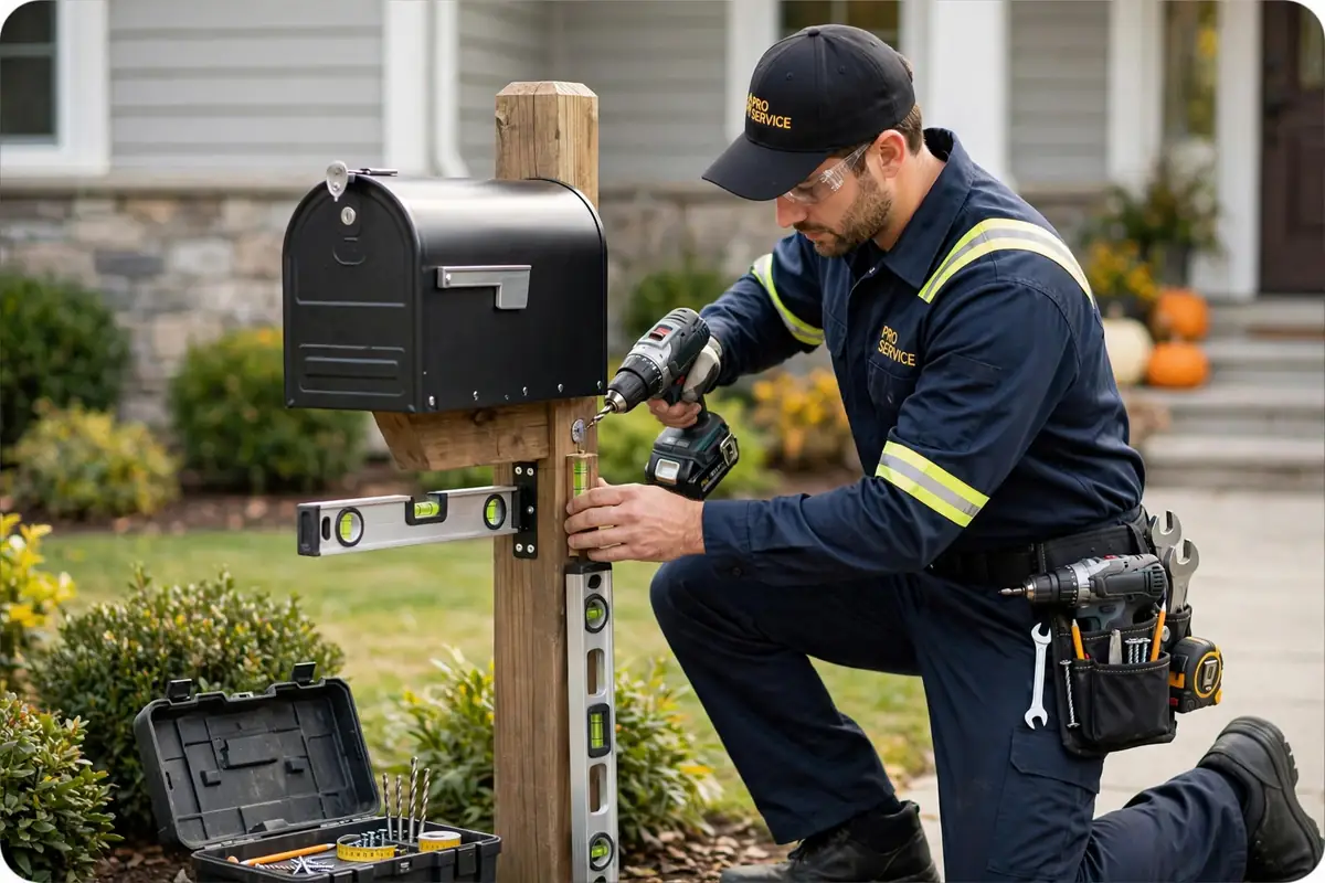 Professional service technician installing a residential mailbox with proper tools